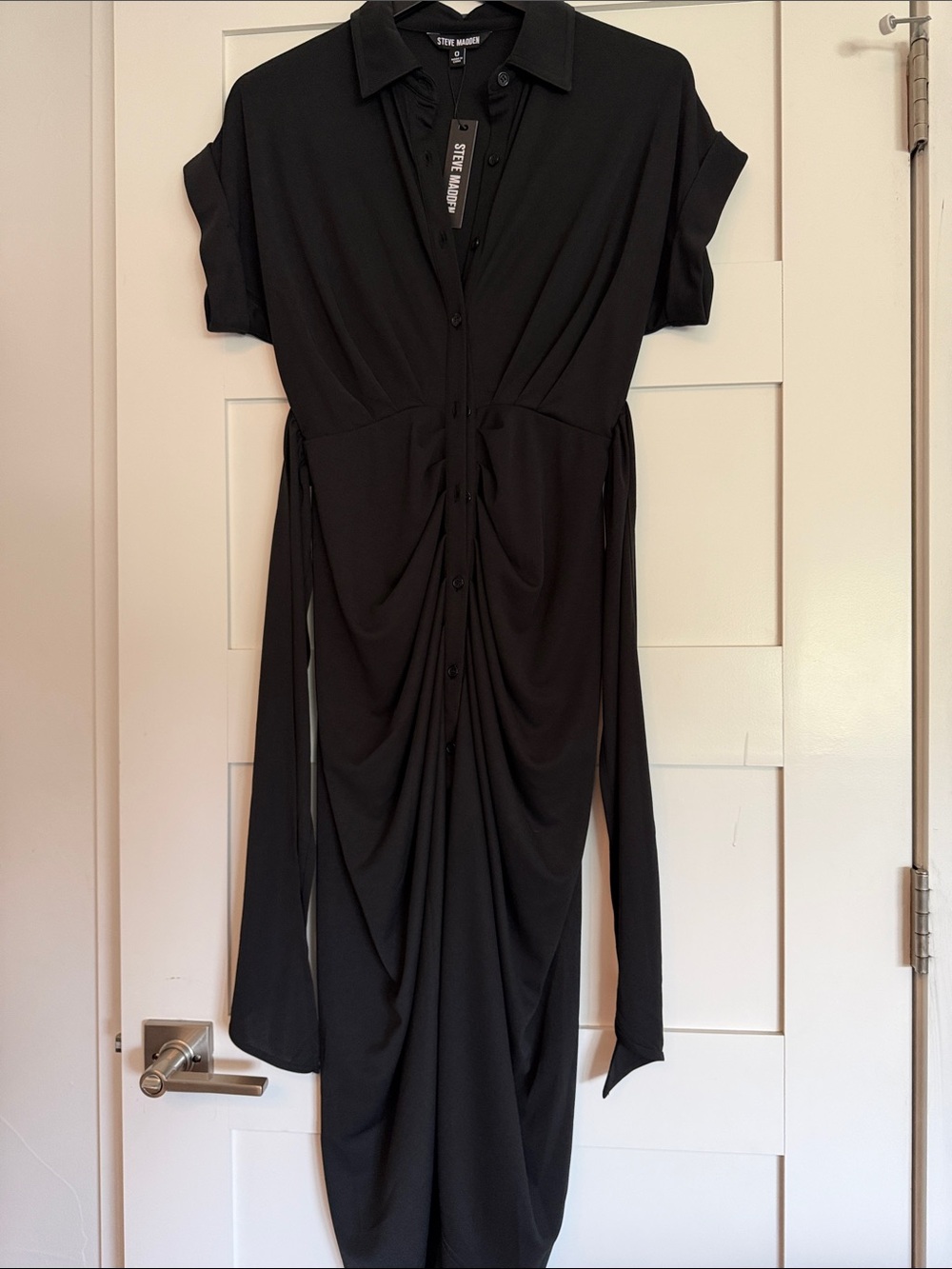 Steve Madden Tori Dress Black Ruched Button-Front Dress